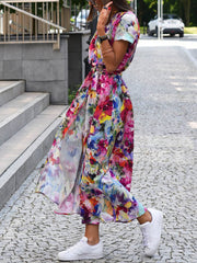 Inrosy robe longue à pois imprimé à fleurie fendu le côté ceinture v-cou manches courtes femme décontracté de plage été