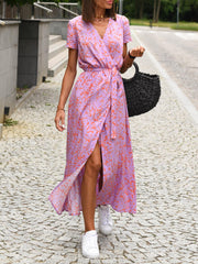 Inrosy robe longue à pois imprimé à fleurie fendu le côté ceinture v-cou manches courtes femme décontracté de plage été