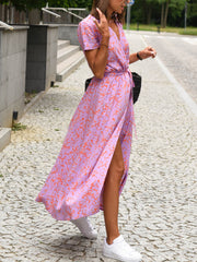 Inrosy robe longue à pois imprimé à fleurie fendu le côté ceinture v-cou manches courtes femme décontracté de plage été