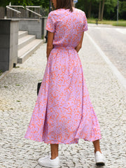 Inrosy robe longue à pois imprimé à fleurie fendu le côté ceinture v-cou manches courtes femme décontracté de plage été