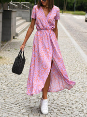 Inrosy robe longue à pois imprimé à fleurie fendu le côté ceinture v-cou manches courtes femme décontracté de plage été