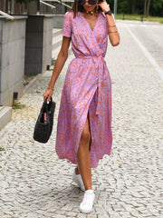 Inrosy robe longue à pois imprimé à fleurie fendu le côté ceinture v-cou manches courtes femme décontracté de plage été