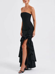 Inrosy robe longue irrégulière volantée fendu le côté à sirene bustier sans manches femme élégant de soirée