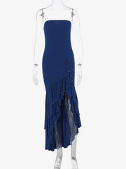 Inrosy robe longue irrégulière volantée fendu le côté à sirene bustier sans manches femme élégant de soirée