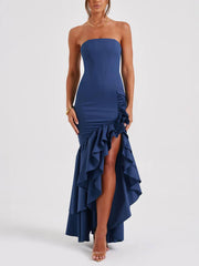 Inrosy robe longue irrégulière volantée fendu le côté à sirene bustier sans manches femme élégant de soirée