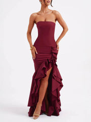 Inrosy robe longue irrégulière volantée fendu le côté à sirene bustier sans manches femme élégant de soirée