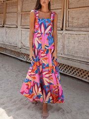 Inrosy robe longue trapèze imprimé à fleurie à volantée bretelle col carré sans manches dos nu femme doux décontracté de plage