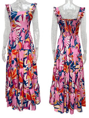 Inrosy robe longue trapèze imprimé à fleurie à volantée bretelle col carré sans manches dos nu femme doux décontracté de plage