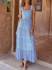 Inrosy robe longue trapèze imprimé à fleurie à volantée bretelle col carré sans manches dos nu femme doux décontracté de plage