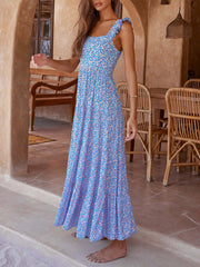 Inrosy robe longue trapèze imprimé à fleurie à volantée bretelle col carré sans manches dos nu femme doux décontracté de plage