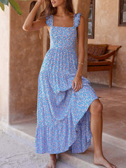 Inrosy robe longue trapèze imprimé à fleurie à volantée bretelle col carré sans manches dos nu femme doux décontracté de plage