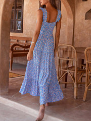 Inrosy robe longue trapèze imprimé à fleurie à volantée bretelle col carré sans manches dos nu femme doux décontracté de plage