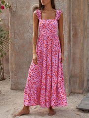 Inrosy robe longue trapèze imprimé à fleurie à volantée bretelle col carré sans manches dos nu femme doux décontracté de plage