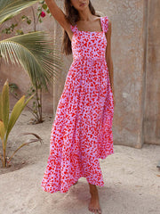 Inrosy robe longue trapèze imprimé à fleurie à volantée bretelle col carré sans manches dos nu femme doux décontracté de plage