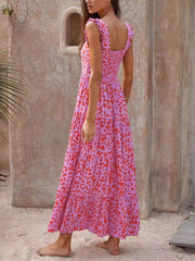 Inrosy robe longue trapèze imprimé à fleurie à volantée bretelle col carré sans manches dos nu femme doux décontracté de plage