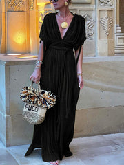 Inrosy robe longue décolleté plongeant licou fendu dos nu manches chauve souris femme décontracté de plage