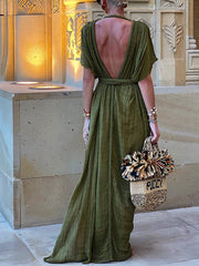 Inrosy robe longue décolleté plongeant licou fendu dos nu manches chauve souris femme décontracté de plage