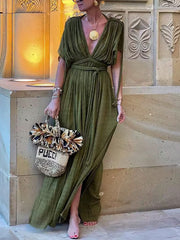 Inrosy robe longue décolleté plongeant licou fendu dos nu manches chauve souris femme décontracté de plage