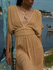 Inrosy robe longue décolleté plongeant licou fendu dos nu manches chauve souris femme décontracté de plage