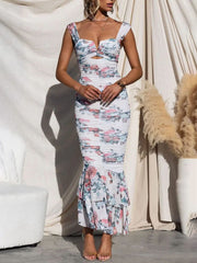 Inrosy longue robe découpes moulante imprimé à fleurie à volantée sirene bretelle sans manches femme élégant de soirée