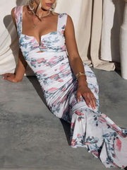 Inrosy longue robe découpes moulante imprimé à fleurie à volantée sirene bretelle sans manches femme élégant de soirée