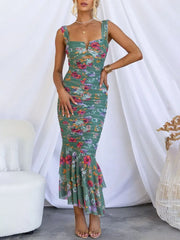 Inrosy longue robe découpes moulante imprimé à fleurie à volantée sirene bretelle sans manches femme élégant de soirée