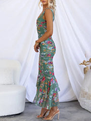 Inrosy longue robe découpes moulante imprimé à fleurie à volantée sirene bretelle sans manches femme élégant de soirée