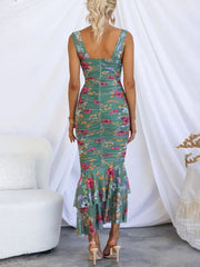 Inrosy longue robe découpes moulante imprimé à fleurie à volantée sirene bretelle sans manches femme élégant de soirée