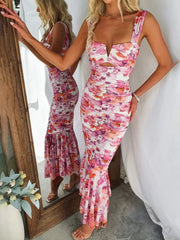 Inrosy longue robe découpes moulante imprimé à fleurie à volantée sirene bretelle sans manches femme élégant de soirée