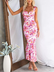 Inrosy longue robe découpes moulante imprimé à fleurie à volantée sirene bretelle sans manches femme élégant de soirée