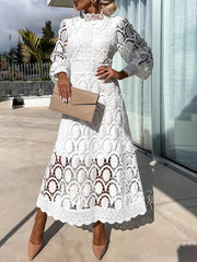 Inrosy robe longue trapèze dentelle col montant manches bouffantes manches longue femme élégan décontracté doux