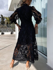 Inrosy robe longue trapèze dentelle col montant manches bouffantes manches longue femme élégan décontracté doux