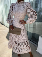 Inrosy robe longue trapèze dentelle col montant manches bouffantes manches longue femme élégan décontracté doux