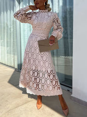 Inrosy robe longue trapèze dentelle col montant manches bouffantes manches longue femme élégan décontracté doux