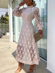 Inrosy robe longue trapèze dentelle col montant manches bouffantes manches longue femme élégan décontracté doux