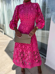 Inrosy robe longue trapèze dentelle col montant manches bouffantes manches longue femme élégan décontracté doux