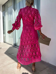 Inrosy robe longue trapèze dentelle col montant manches bouffantes manches longue femme élégan décontracté doux