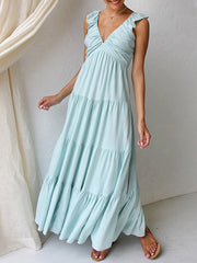 Inrosy robe longue coton lin à volantée bretelle v-cou sans manches femme bohème décontracté ample de plage