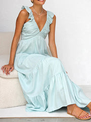 Inrosy robe longue coton lin à volantée bretelle v-cou sans manches femme bohème décontracté ample de plage