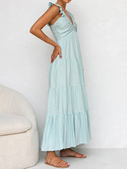 Inrosy robe longue coton lin à volantée bretelle v-cou sans manches femme bohème décontracté ample de plage