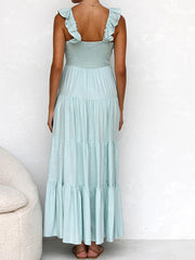 Inrosy robe longue coton lin à volantée bretelle v-cou sans manches femme bohème décontracté ample de plage