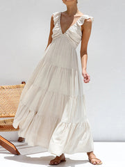 Inrosy robe longue coton lin à volantée bretelle v-cou sans manches femme bohème décontracté ample de plage