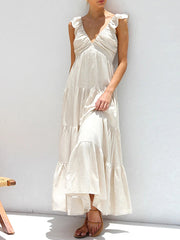 Inrosy robe longue coton lin à volantée bretelle v-cou sans manches femme bohème décontracté ample de plage