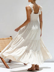 Inrosy robe longue coton lin à volantée bretelle v-cou sans manches femme bohème décontracté ample de plage