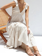 Inrosy robe longue coton lin à volantée bretelle v-cou sans manches femme bohème décontracté ample de plage