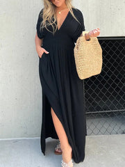 Inrosy robe longue boho plissee v-cou fendu le côté fluide décolleté dos manches chauve souris femme décontracté de plage