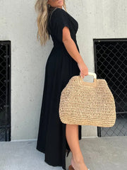 Inrosy robe longue boho plissee v-cou fendu le côté fluide décolleté dos manches chauve souris femme décontracté de plage