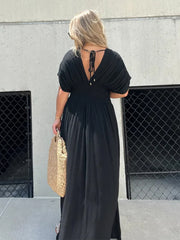 Inrosy robe longue boho plissee v-cou fendu le côté fluide décolleté dos manches chauve souris femme décontracté de plage