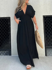 Inrosy robe longue boho plissee v-cou fendu le côté fluide décolleté dos manches chauve souris femme décontracté de plage