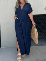 Inrosy robe longue boho plissee v-cou fendu le côté fluide décolleté dos manches chauve souris femme décontracté de plage